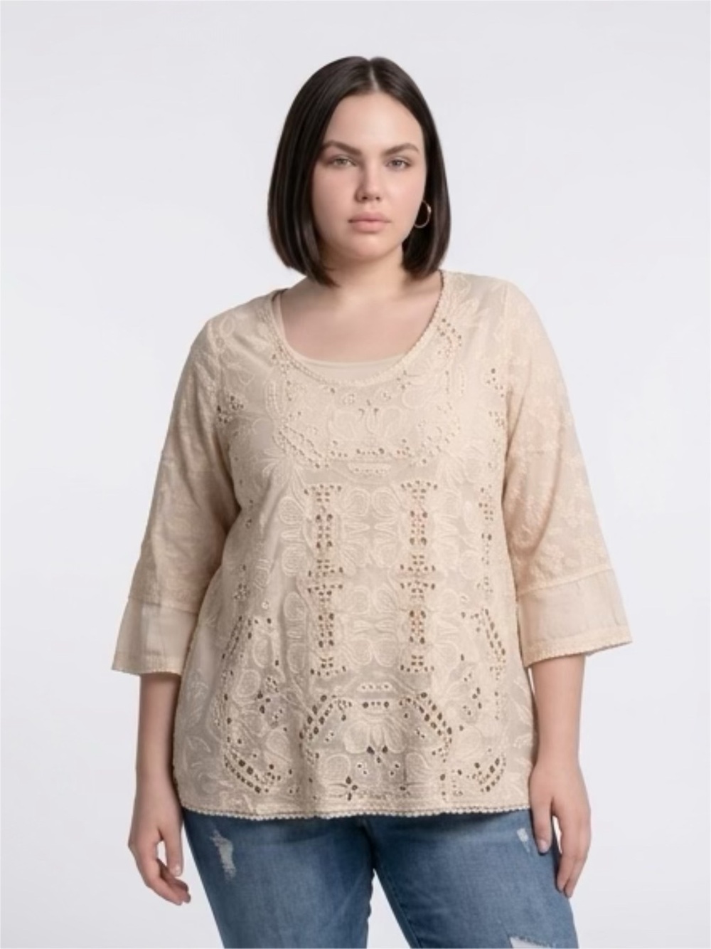 Johnny Was Cream Eyelet Lace Scoop Neck Tunic